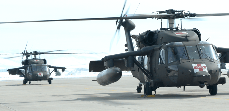 Two Blackhawk Helicopters on the tarmac for simulation scenario